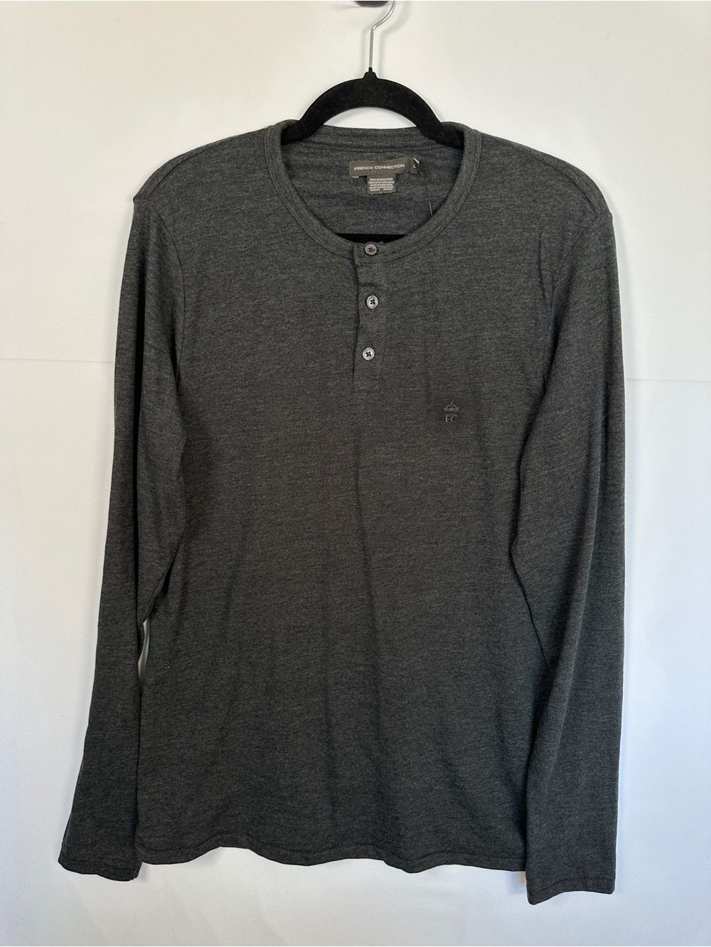 French Connection Charcoal Grey Fitted Henley Long Sleeve Shirt Size L NWT